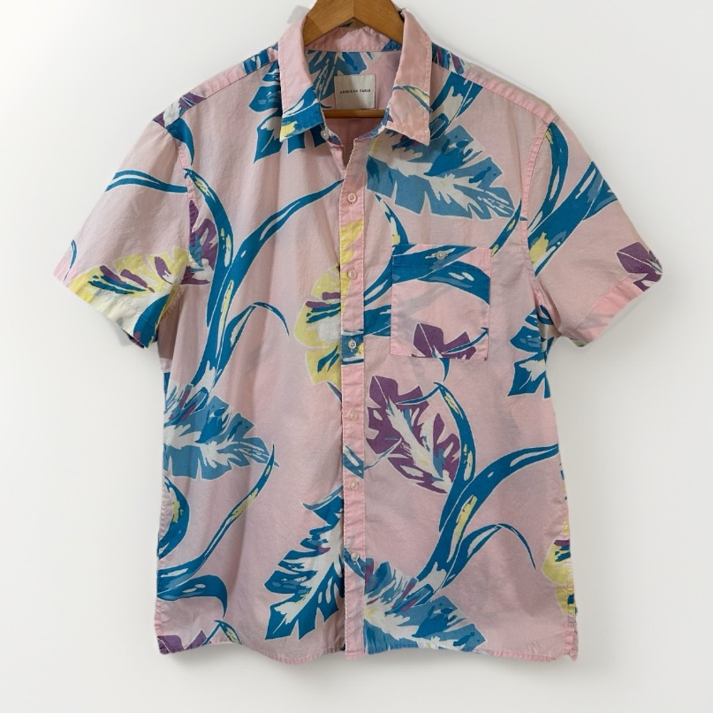American Eagle Hawaiian Button Down Shirt Pink Blue Cotton Short Sleeve Men’s XL